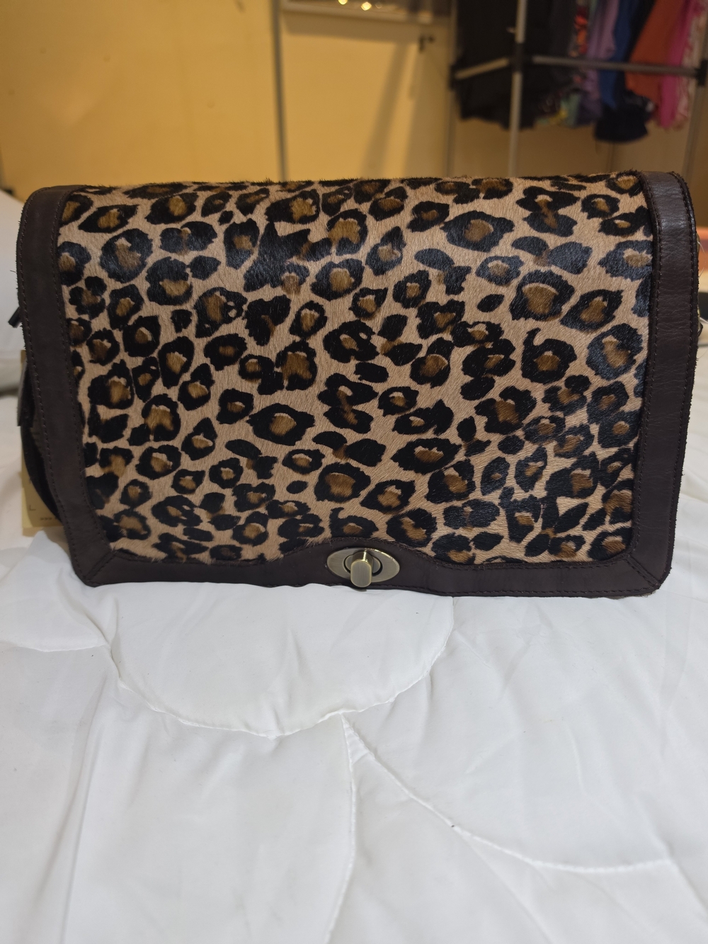Leopard Print Shoulder Bag with Turn-Lock Closure - Brown
